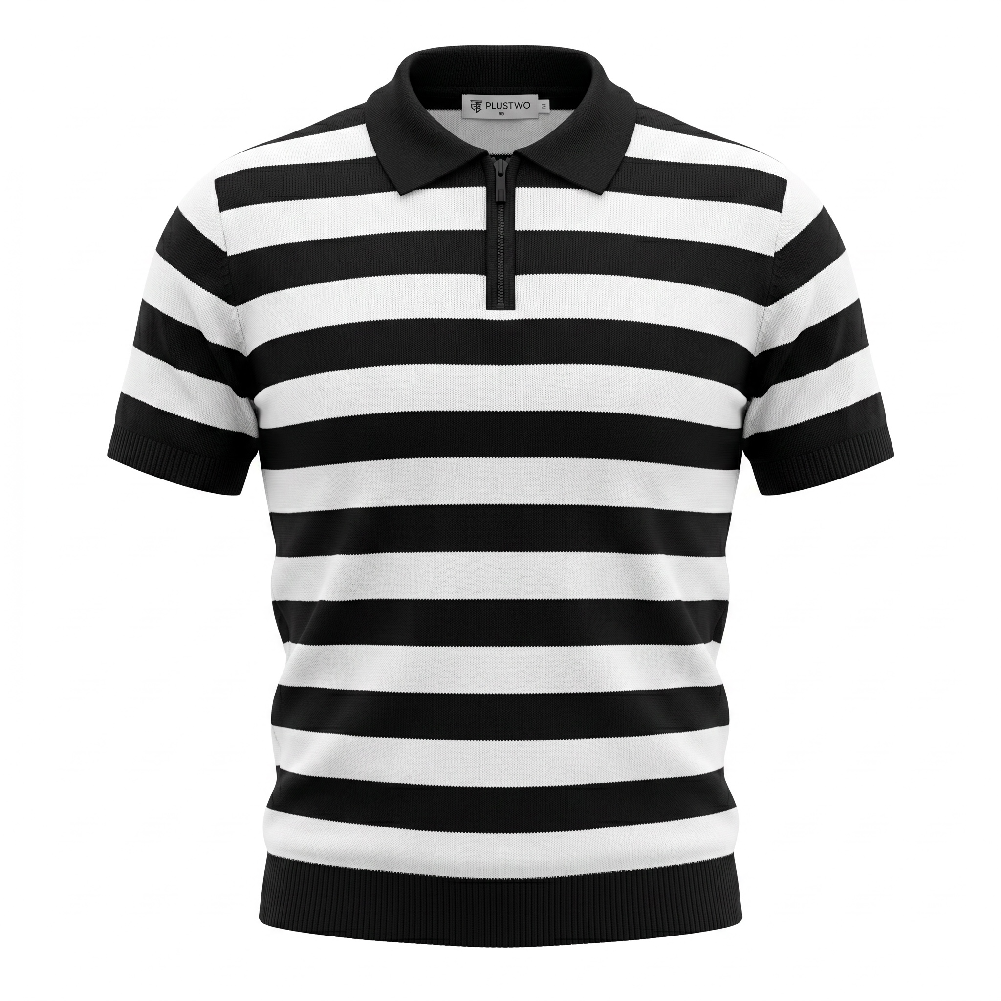 Marseillaise Striped Knit Zip Polo Black and White