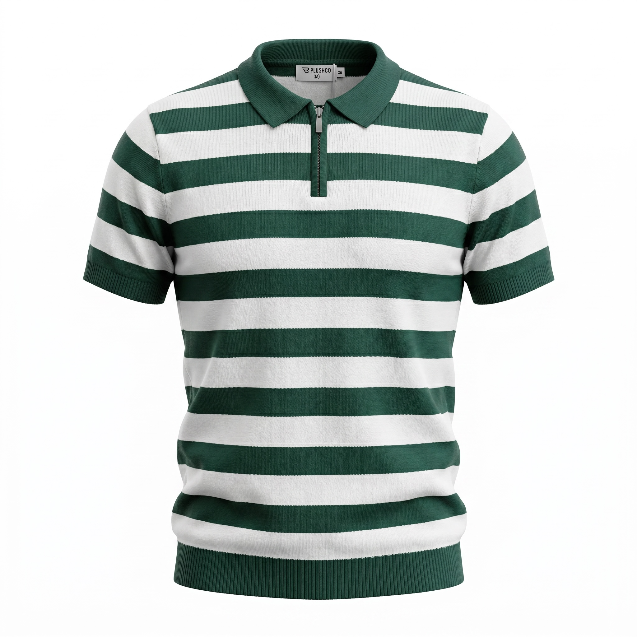 Marseillaise Striped Knit Zip Polo Green and White