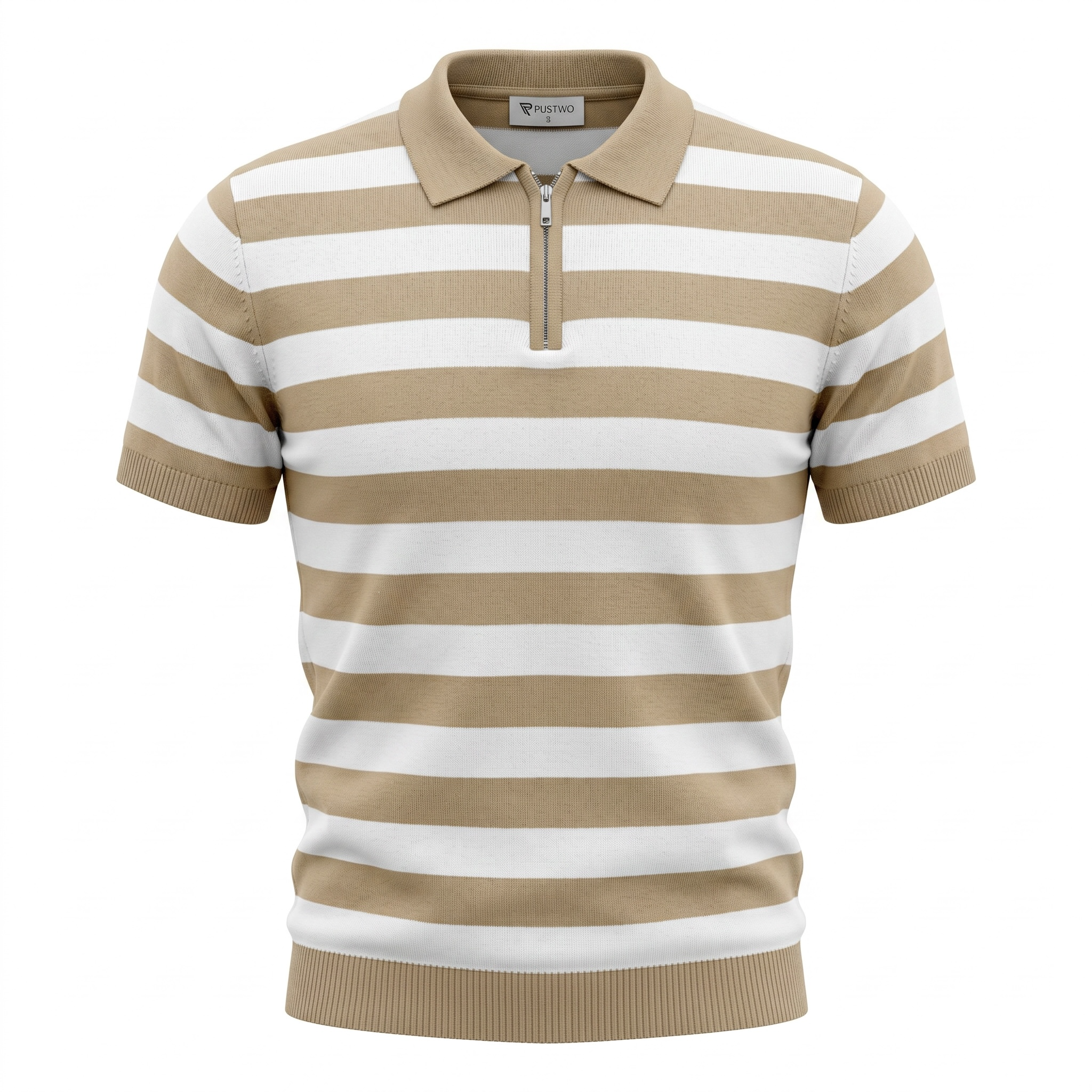 Marseillaise Striped Knit Zip Polo Beige and White