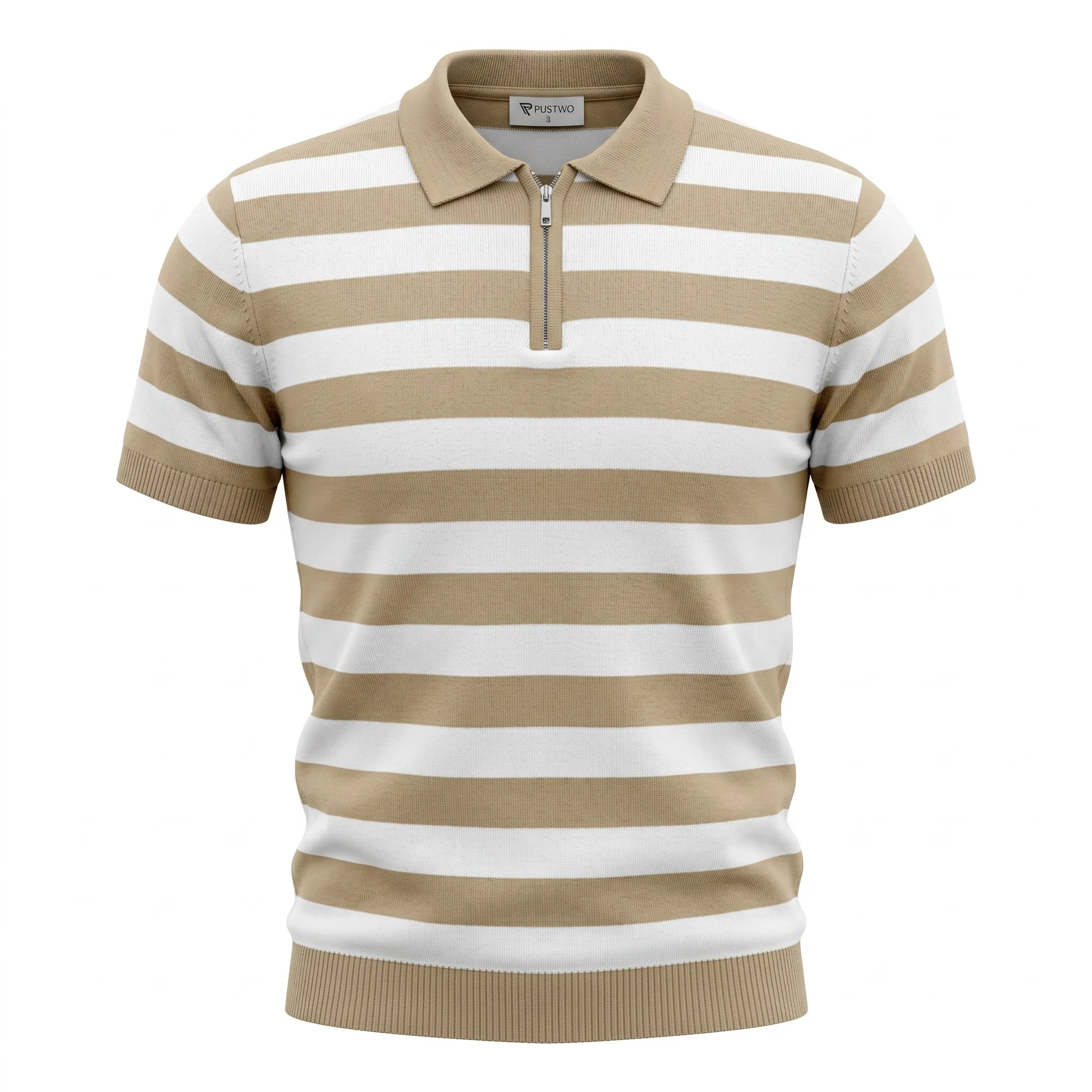 Marseillaise Striped Knit Zip Polo Beige and White